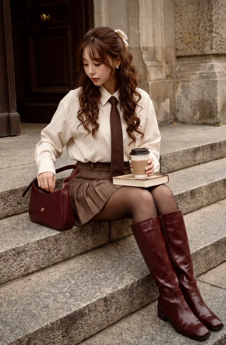 Young woman in burgundy boots searches her bag on autumn steps