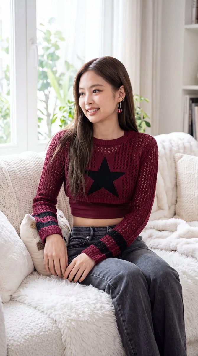 Young woman in burgundy knit smiles softly on white sofa