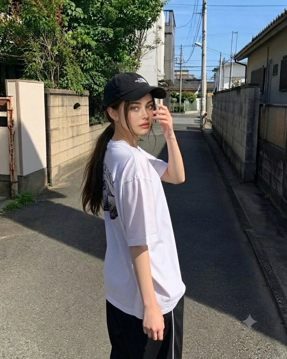 Young woman in cap looks back in a sunny Japanese alley