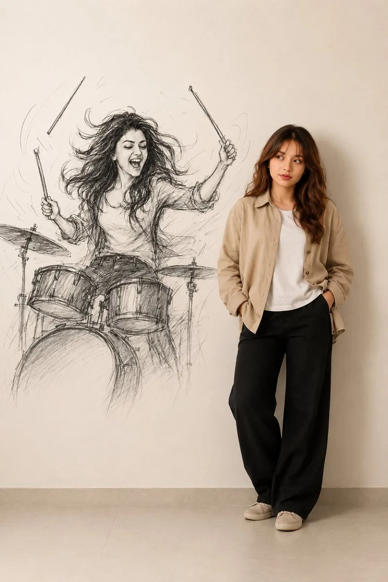 Young woman in casual attire poses with playful music doodles on wall