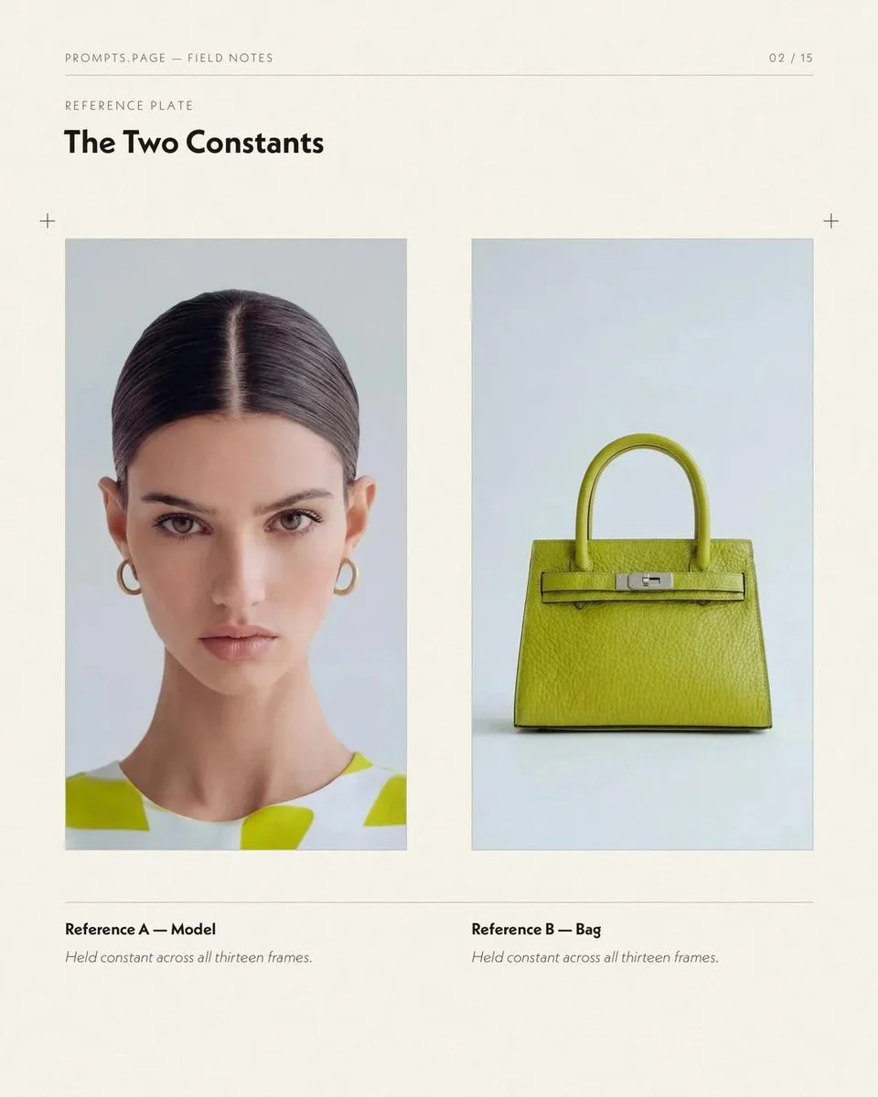 Young woman in chartreuse geometric jumpsuit holds lime handbag in studio
