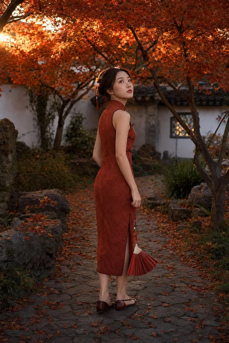 Young woman in cinnabar qipao stands on autumn garden path
