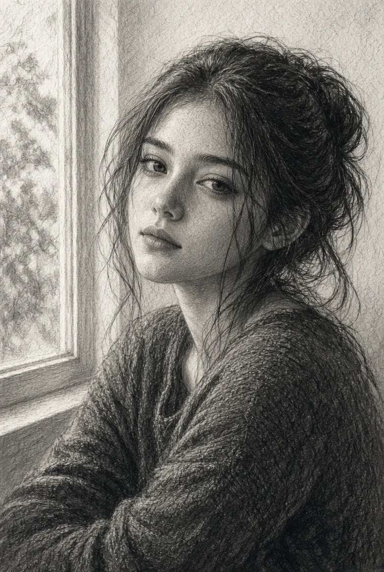 Young woman in cozy knit sweater sits by window, graphite portrait
