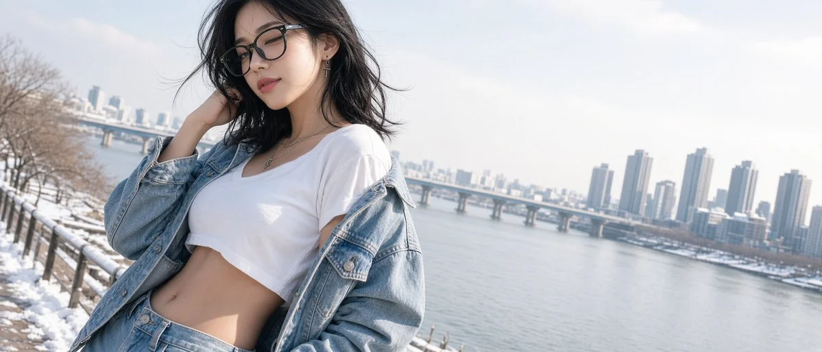 Young woman in denim jacket poses by Seoul's Han River in snow