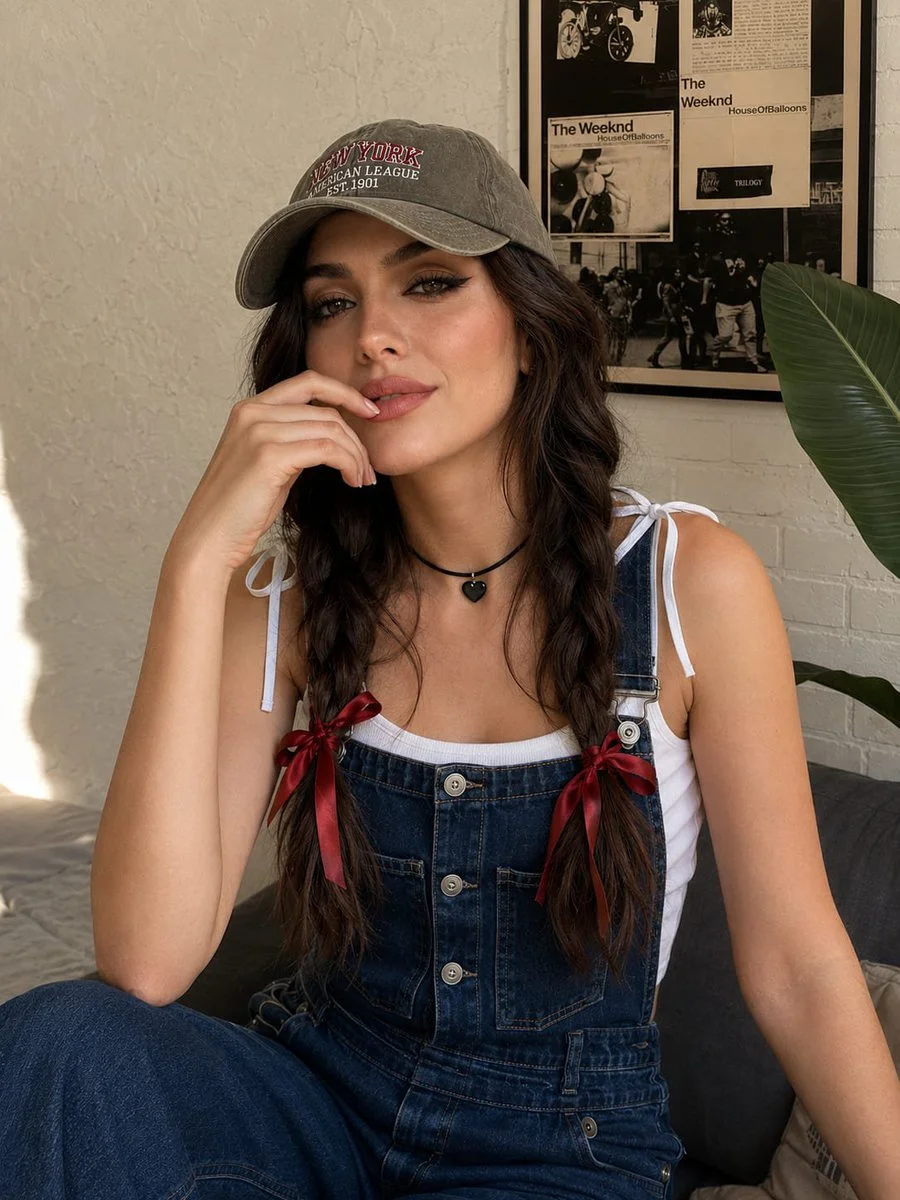 Young woman in denim overalls smiles softly indoors