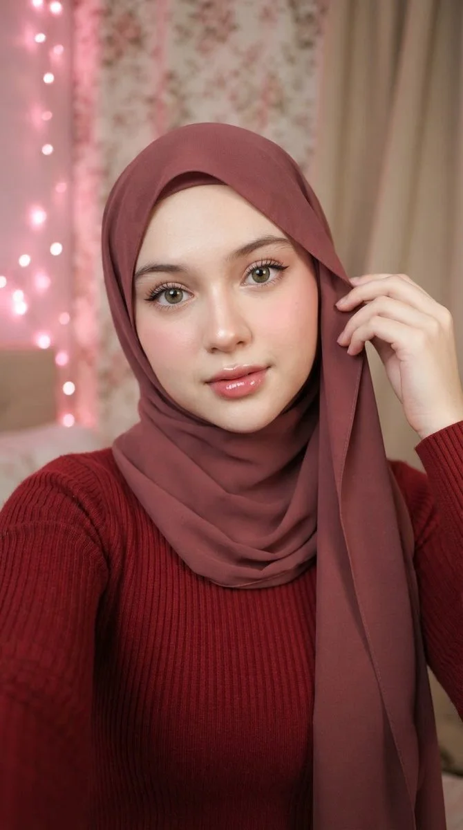 Young woman in dusty rose hijab adjusts fabric with gentle hand