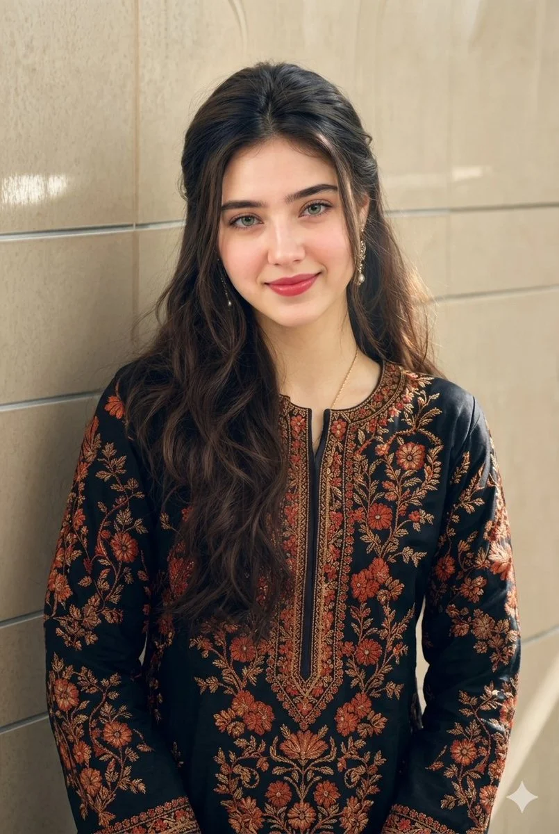Young woman in embroidered dress smiles against beige tile wall