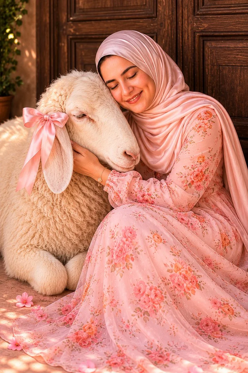 Young woman in floral dress rests beside a fluffy sheep with a pink bow.