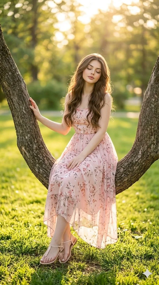 Young woman in floral dress sits peacefully on tree trunk at golden hour