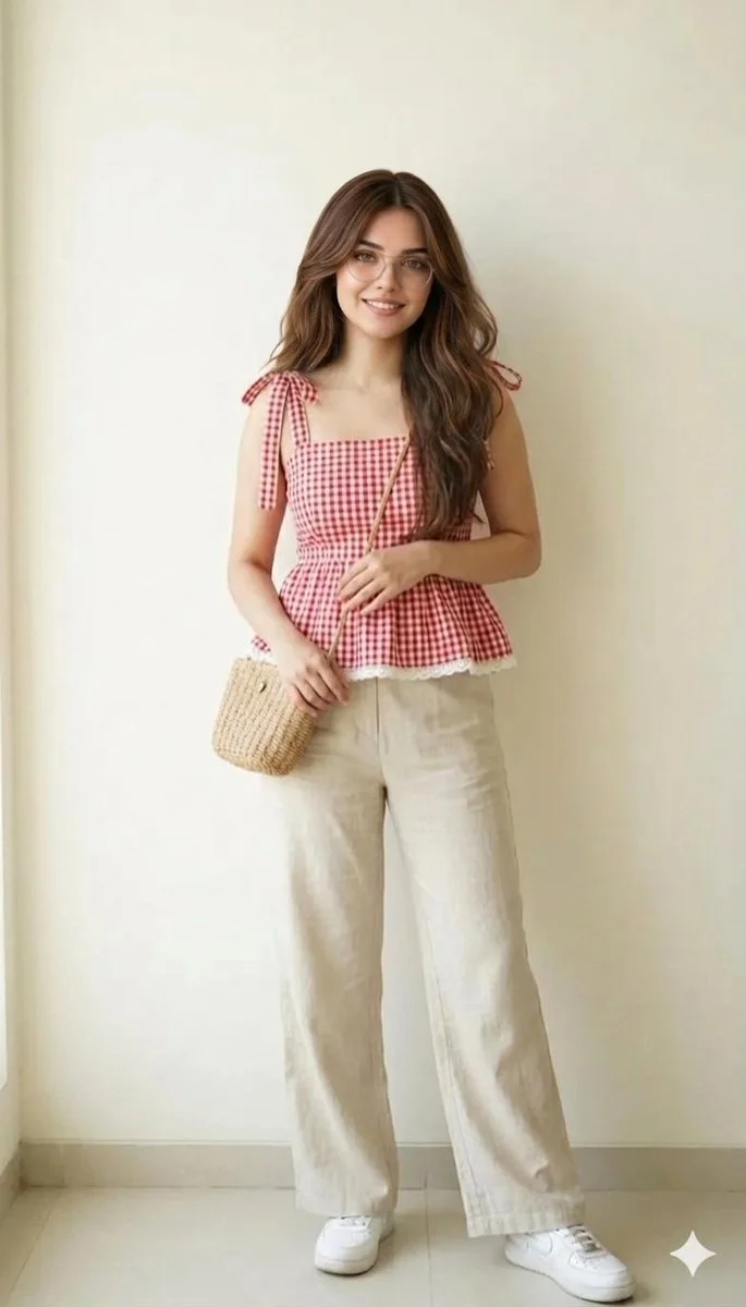 Young woman in gingham peplum top poses against cream wall