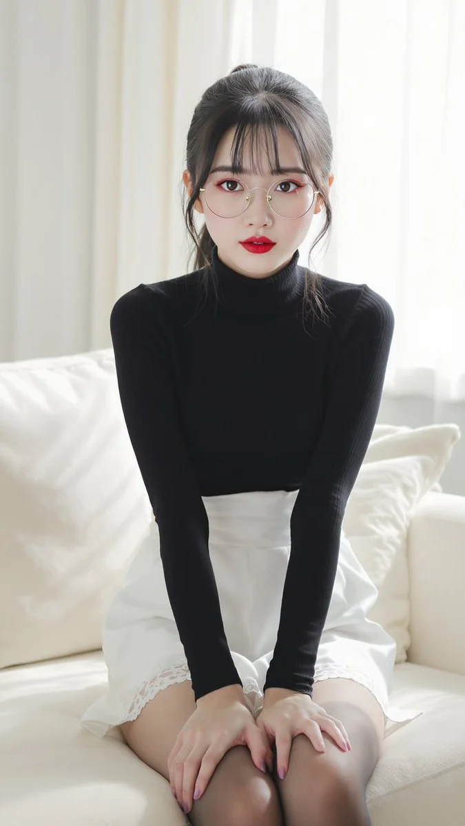 Young woman in glasses leans forward on cream sofa in bright room