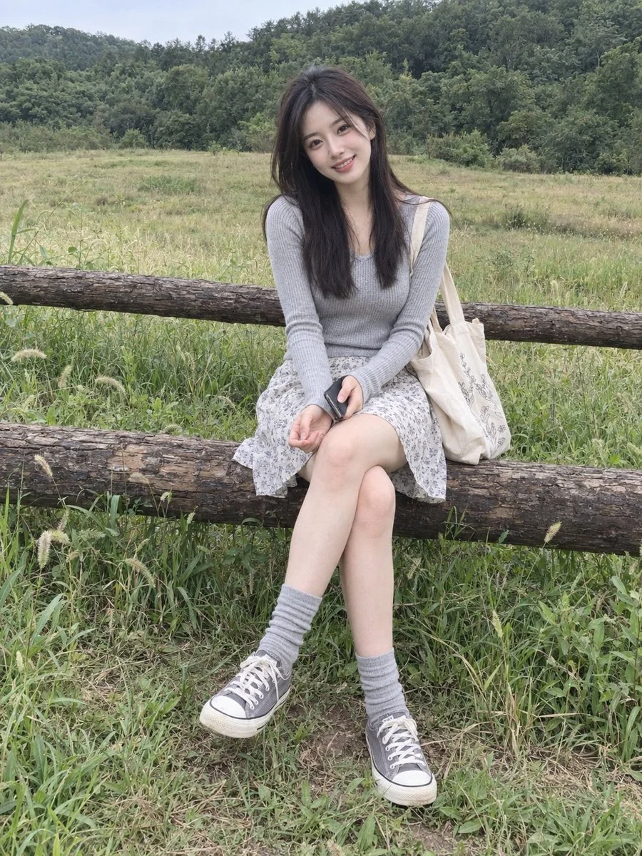 Young woman in gray knit and floral skirt sits on rustic log, smiling at camera