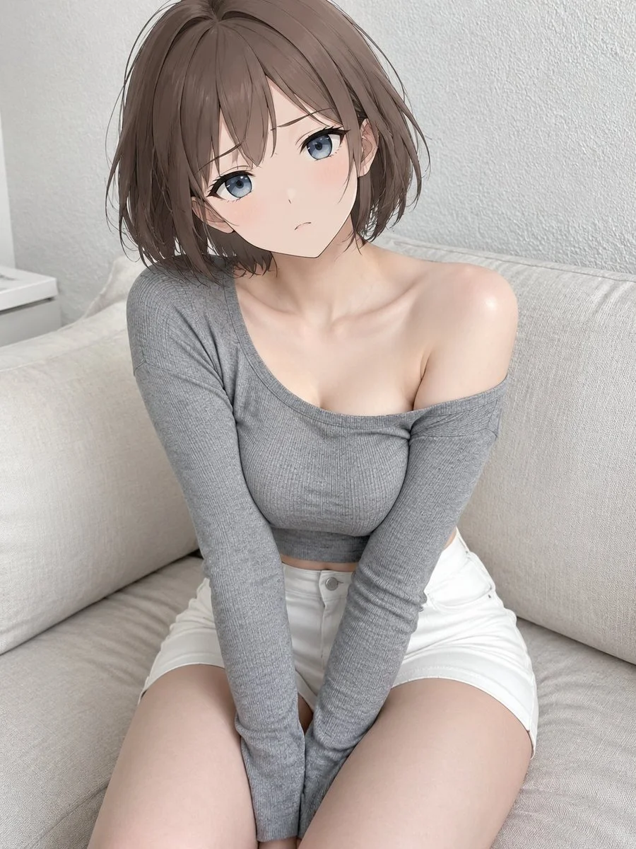 Young woman in gray off-shoulder knit sits on beige sofa in soft light