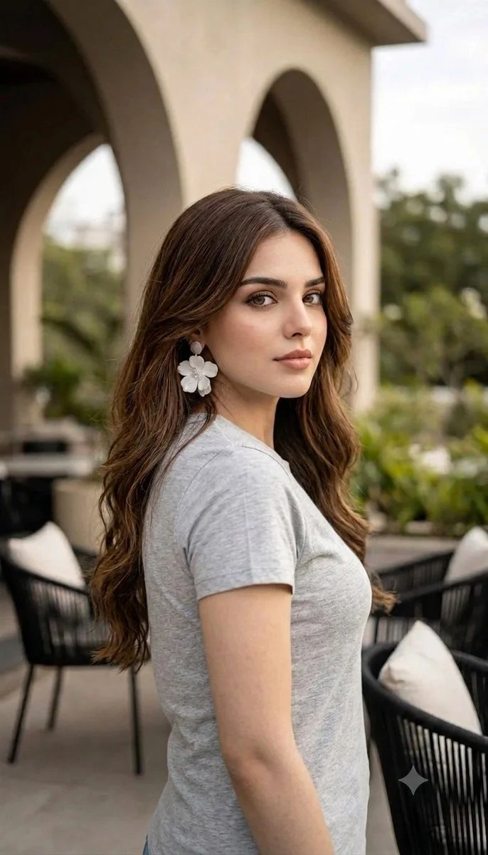 Young woman in gray tee turns over shoulder with gentle gaze