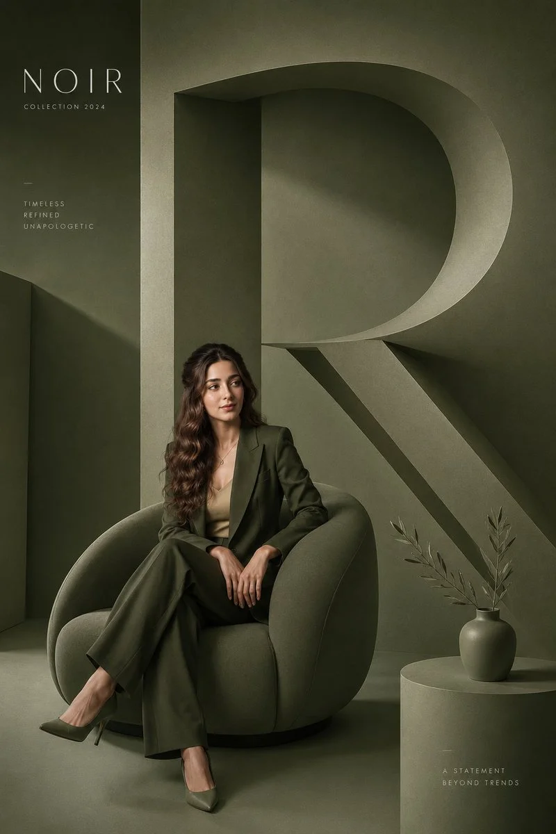 Young woman in green designer chair poses for minimalist fashion poster