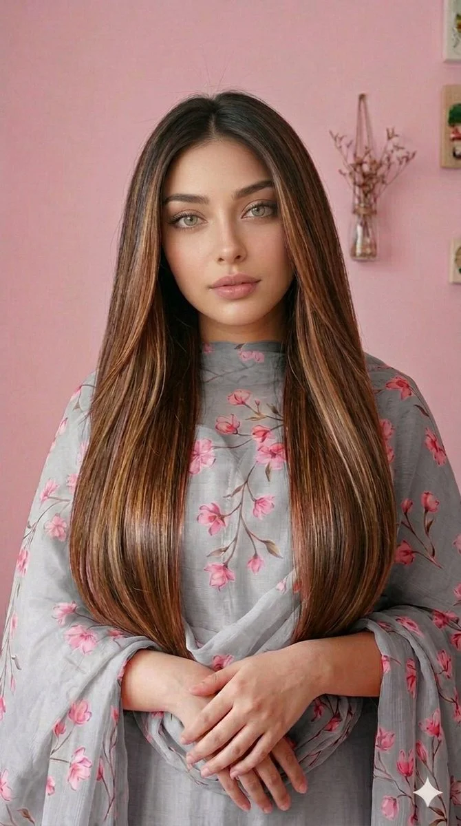Young woman in grey floral outfit stands against pastel pink wall