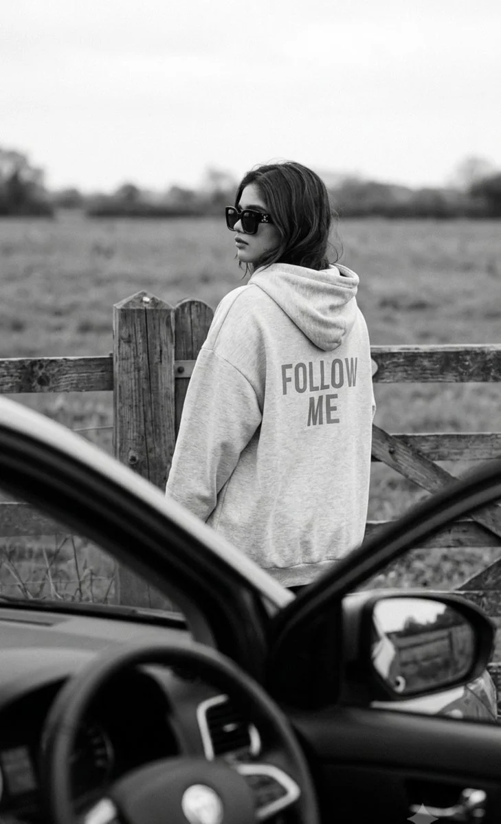 Young woman in grey hoodie turns from wooden fence