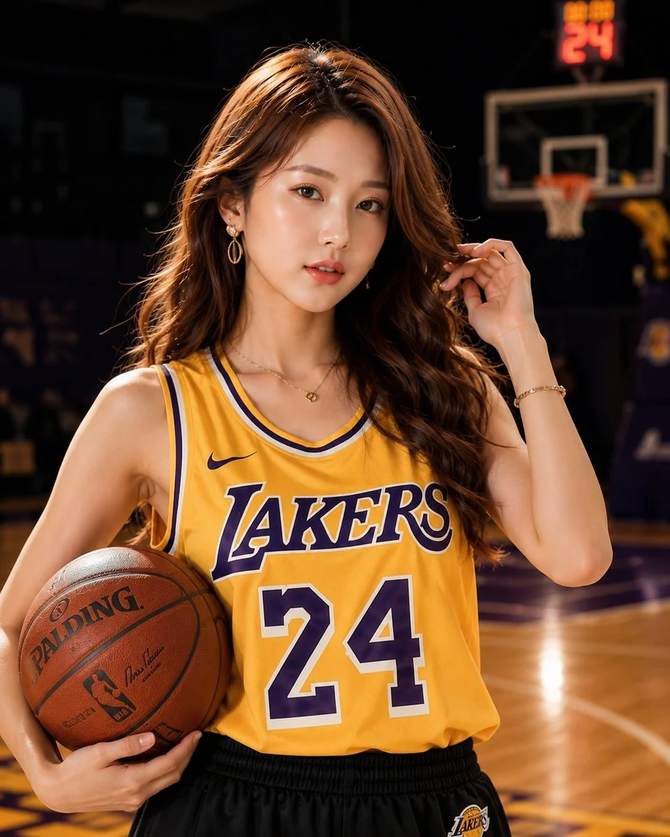 Young woman in Lakers jersey poses confidently by dark glass wall