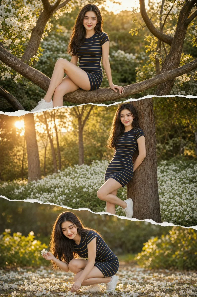 Young woman in navy dress sits on a flowering tree branch at golden hour