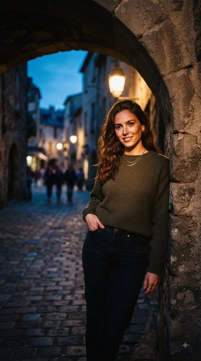 Young woman in olive sweater stands beneath stone archway at twilight