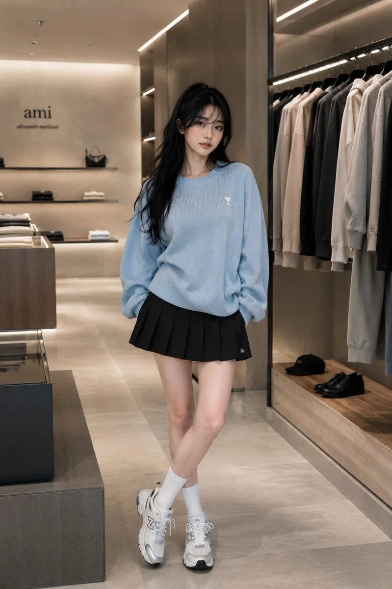 Young woman in oversized blue sweater poses in minimalist boutique.