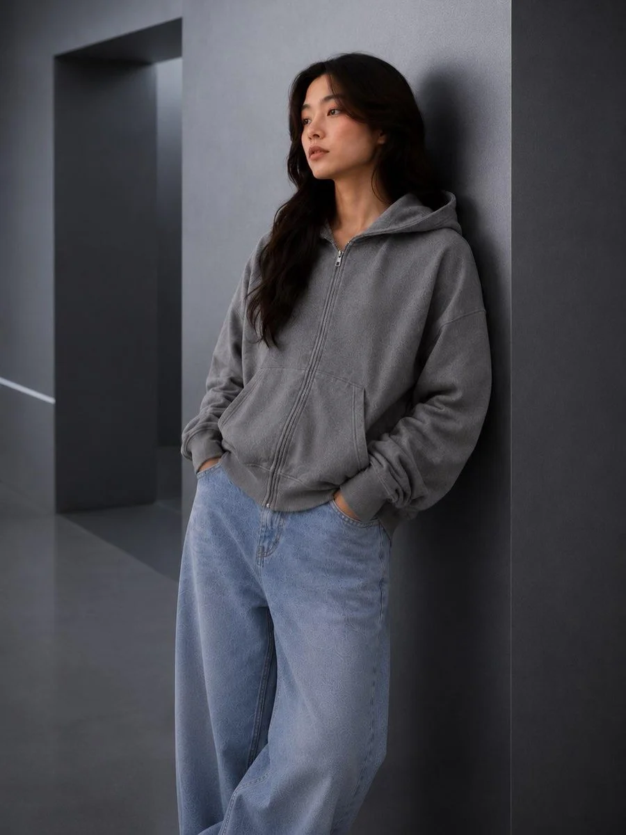 Young woman in oversized hoodie leans against gray wall in soft light