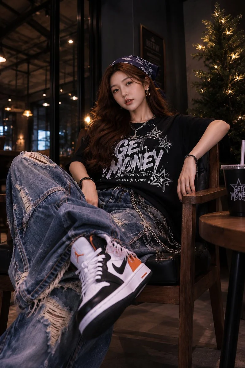 Young woman in oversized jeans relaxes in a leather armchair