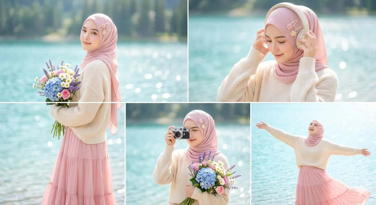 Young woman in pastel pink hijab smiles beside turquoise lake