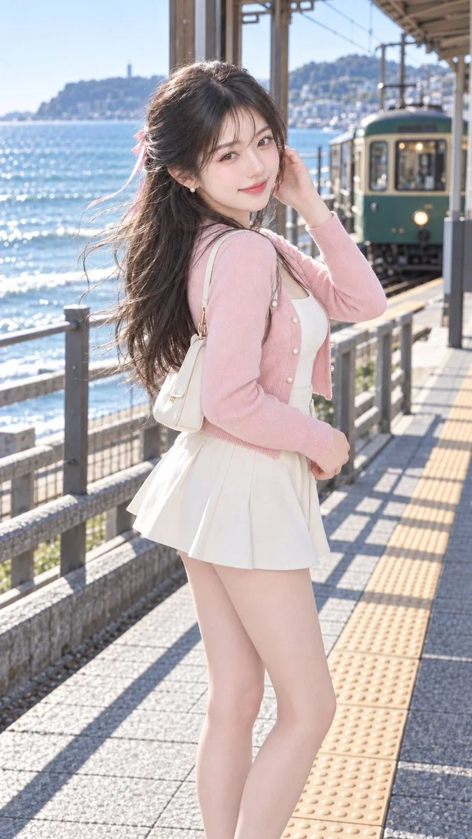 Young woman in pink cardigan turns back at seaside tram station