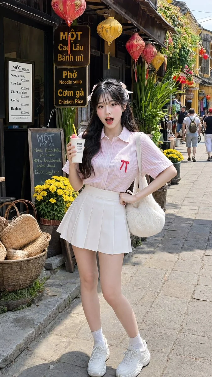 Young woman in pink shirt poses on Hoi An's colorful street