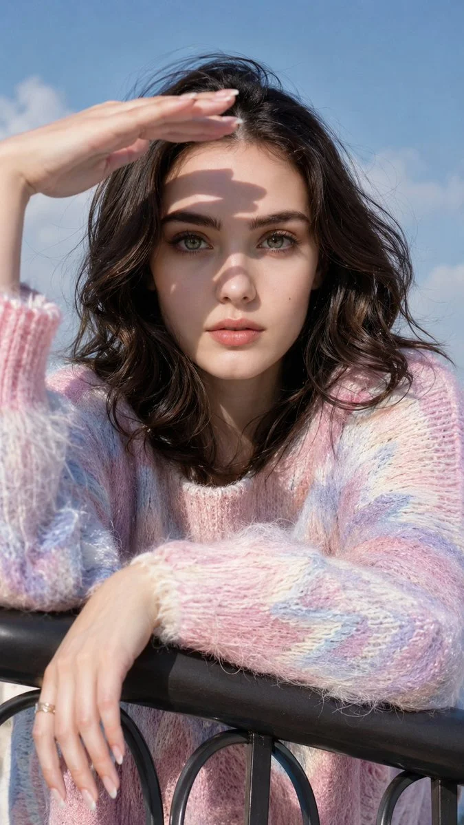 Young woman in pink sweater leans over railing under sunny sky.