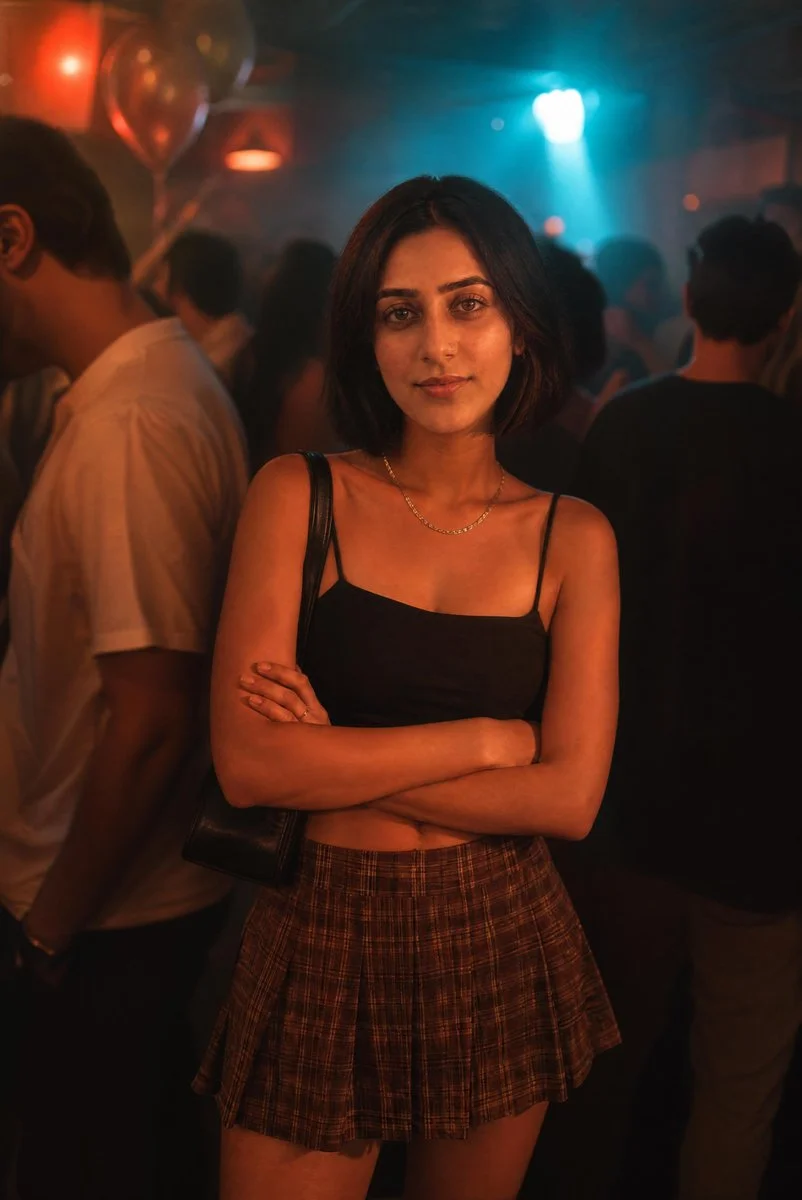 Young woman in plaid skirt stands alone amid blurred crowd