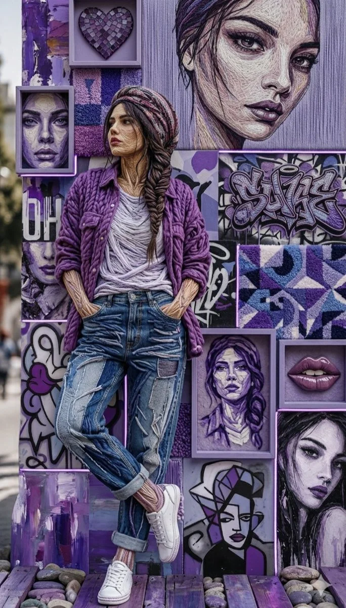 Young woman in purple knit jacket leans against collage wall