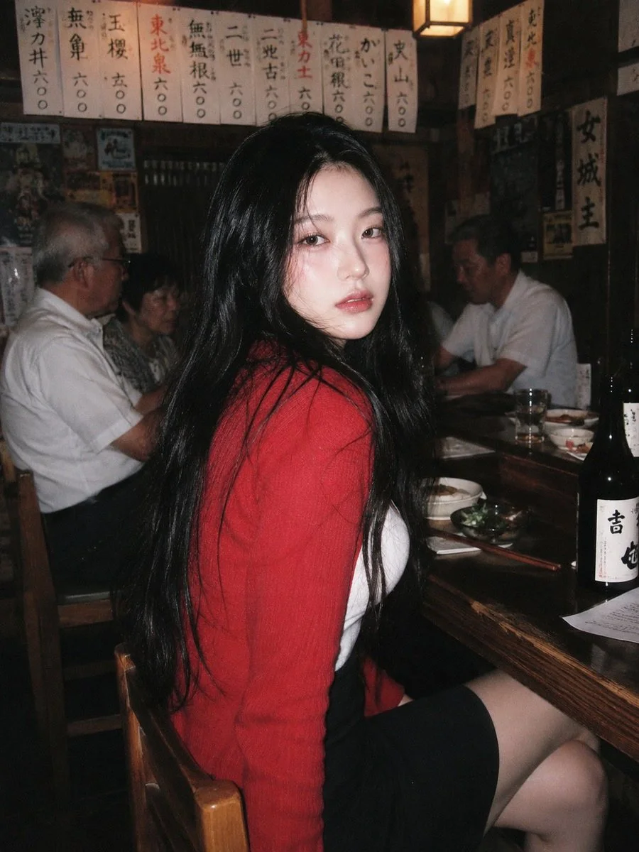 Young woman in red cardigan turns back at bustling izakaya