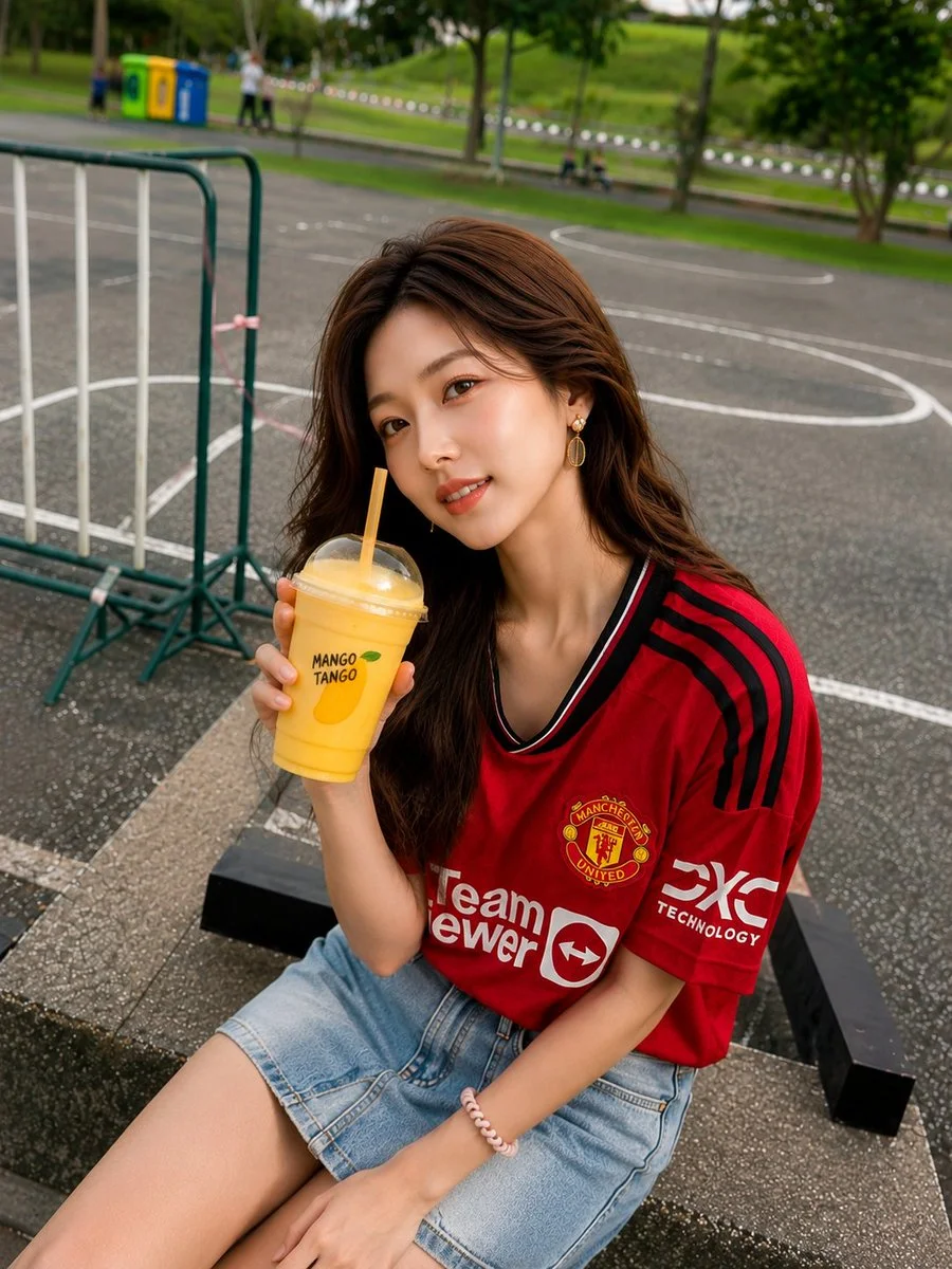 Young woman in red jersey sips smoothie on court steps