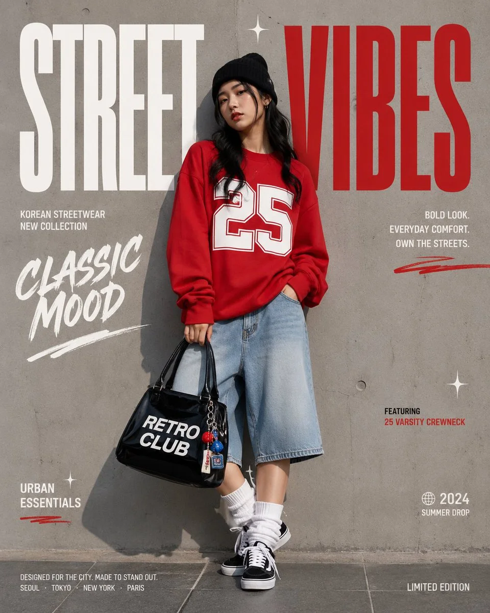 Young woman in red sweatshirt poses for Korean streetwear campaign