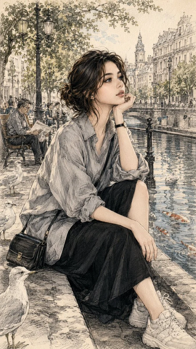 Young woman in side profile dreams by a calm canal promenade