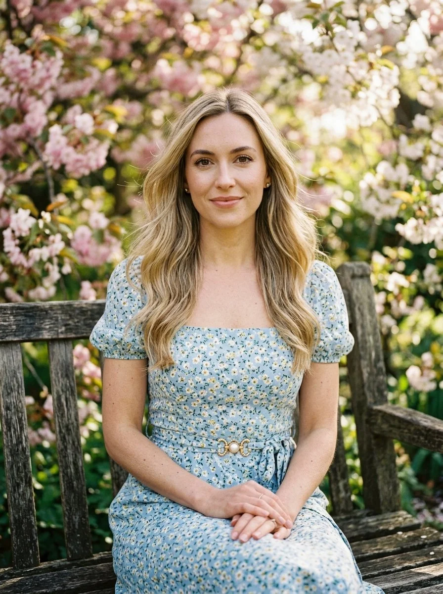 Young woman in spring park, blue dress, direct gaze, soft sunlight