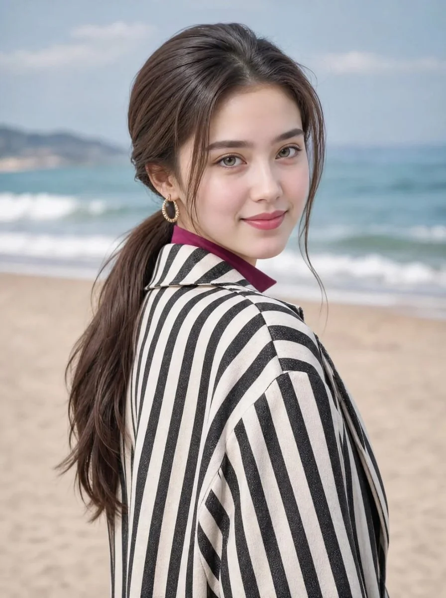 Young woman in striped blazer glances back by the ocean