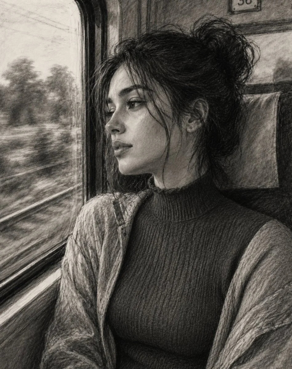 Young woman in sweater daydreams by train window in pencil sketch