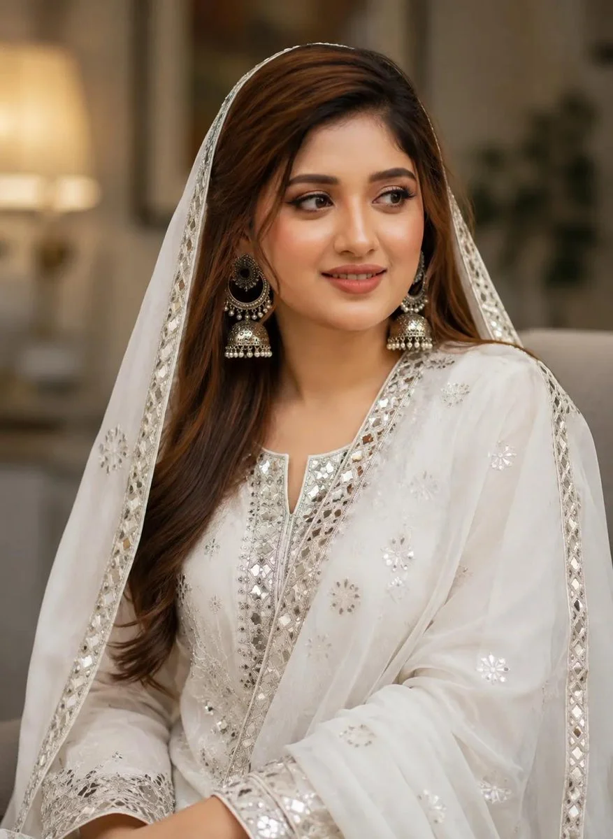 Young woman in traditional white attire adorned with silver embroidery