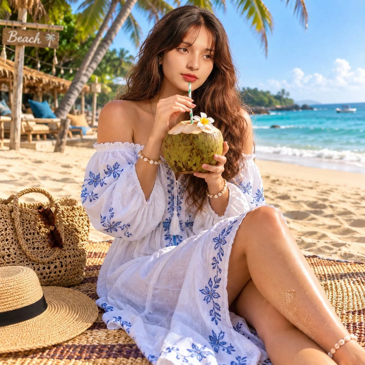 Young woman in white dress sits beside giant lemon slice