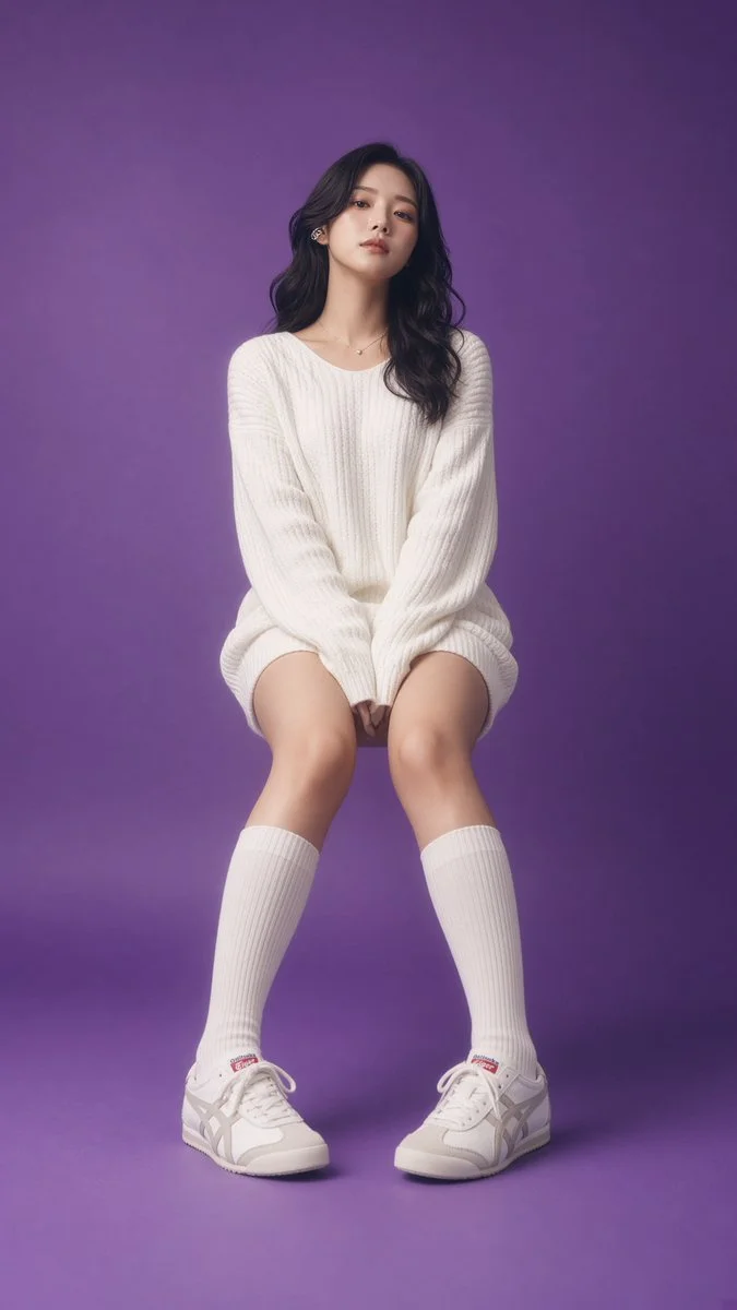 Young woman in white knitwear poses against solid purple backdrop