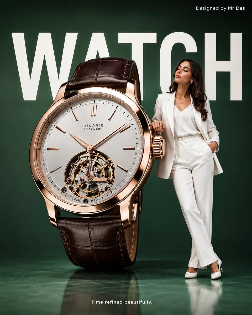 Young woman in white leans against a giant rose-gold watch