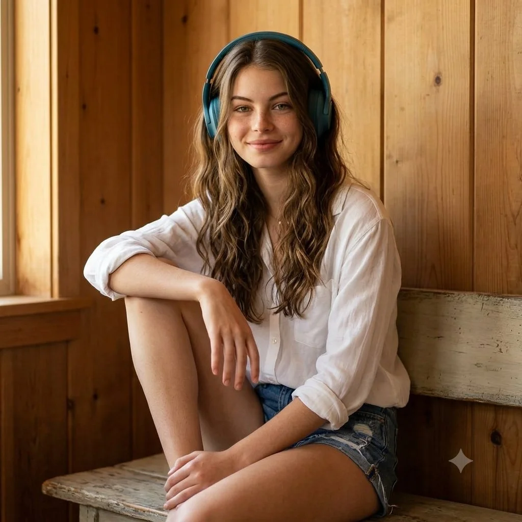Young woman in white shirt with teal headphones smiles by wooden wall