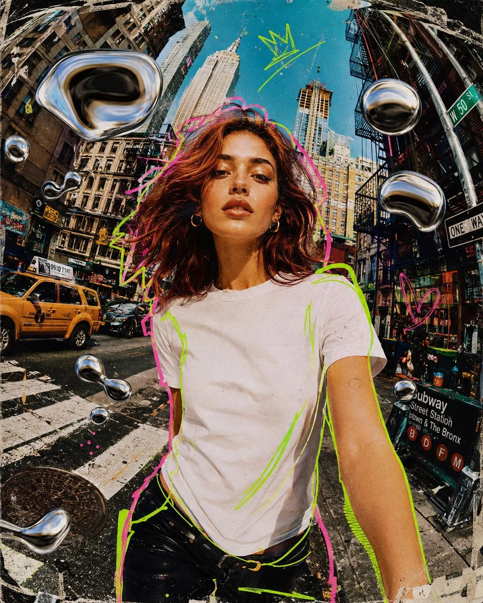 Young woman in white T-shirt walks through neon New York city.