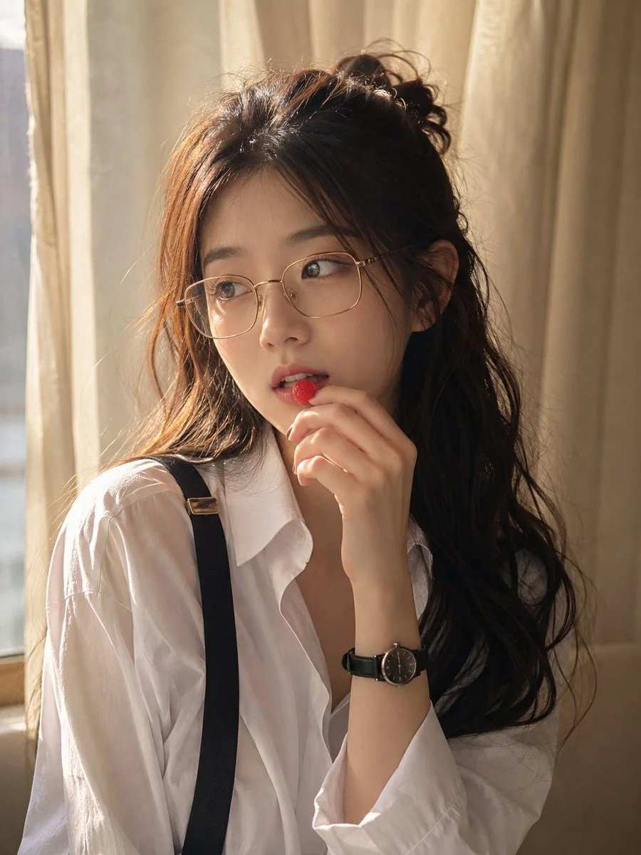 Young woman in window light holds candy beside her lips
