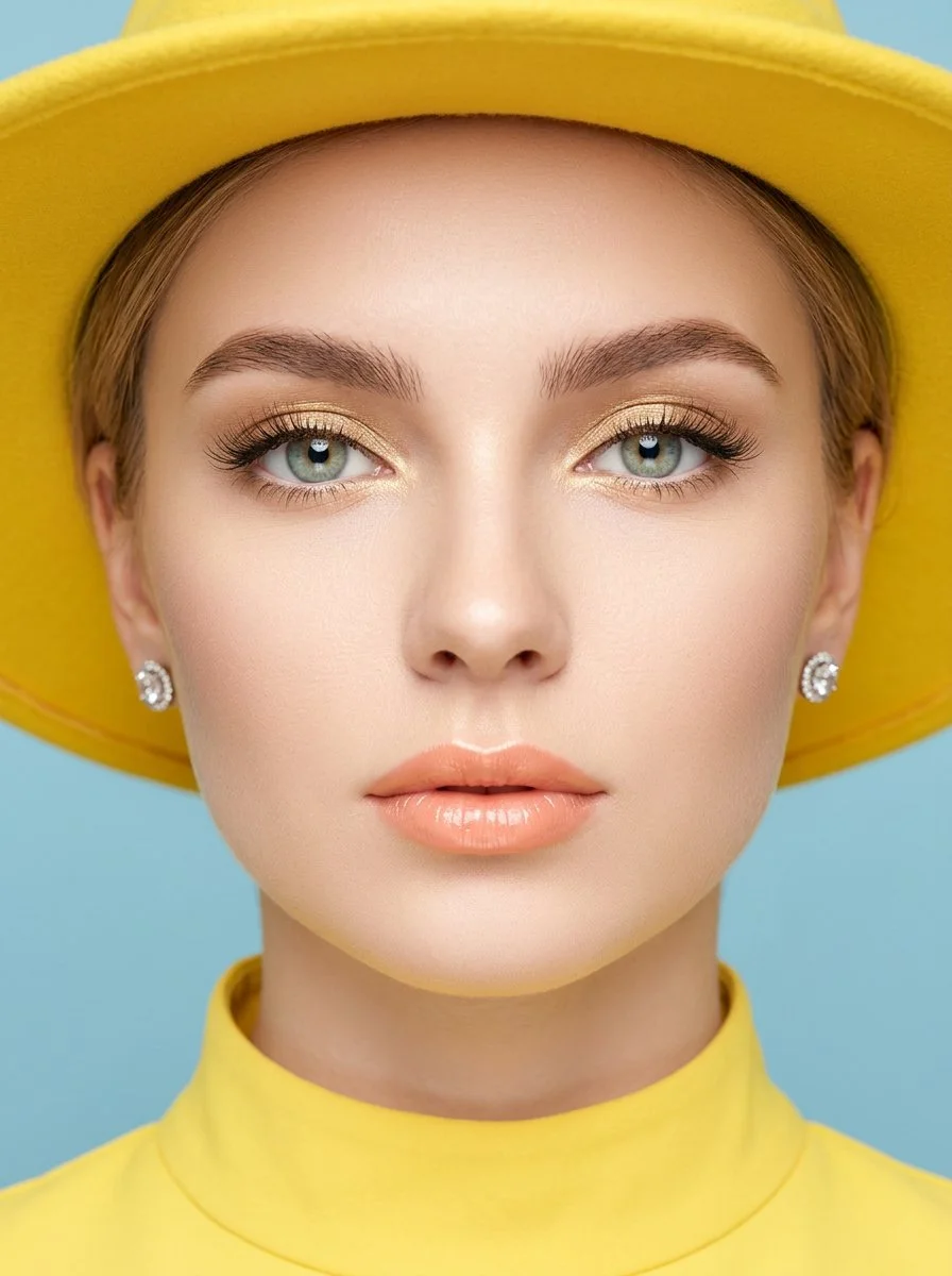 Young woman in yellow hat gazes directly at the camera