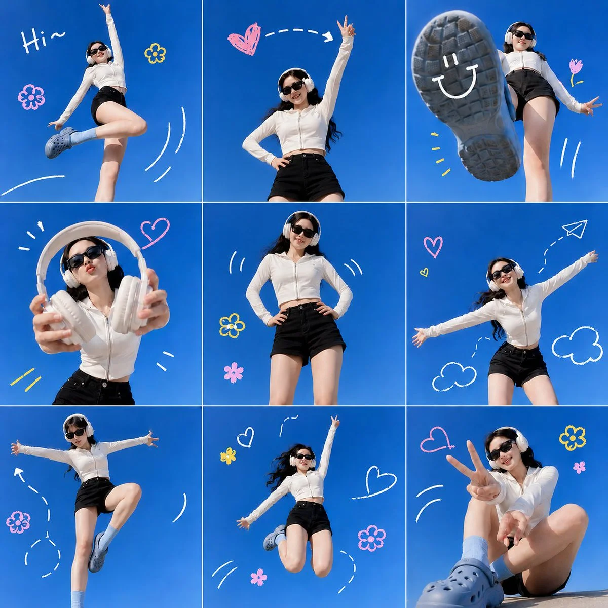 Young woman jumps against vivid blue sky in trendy collage