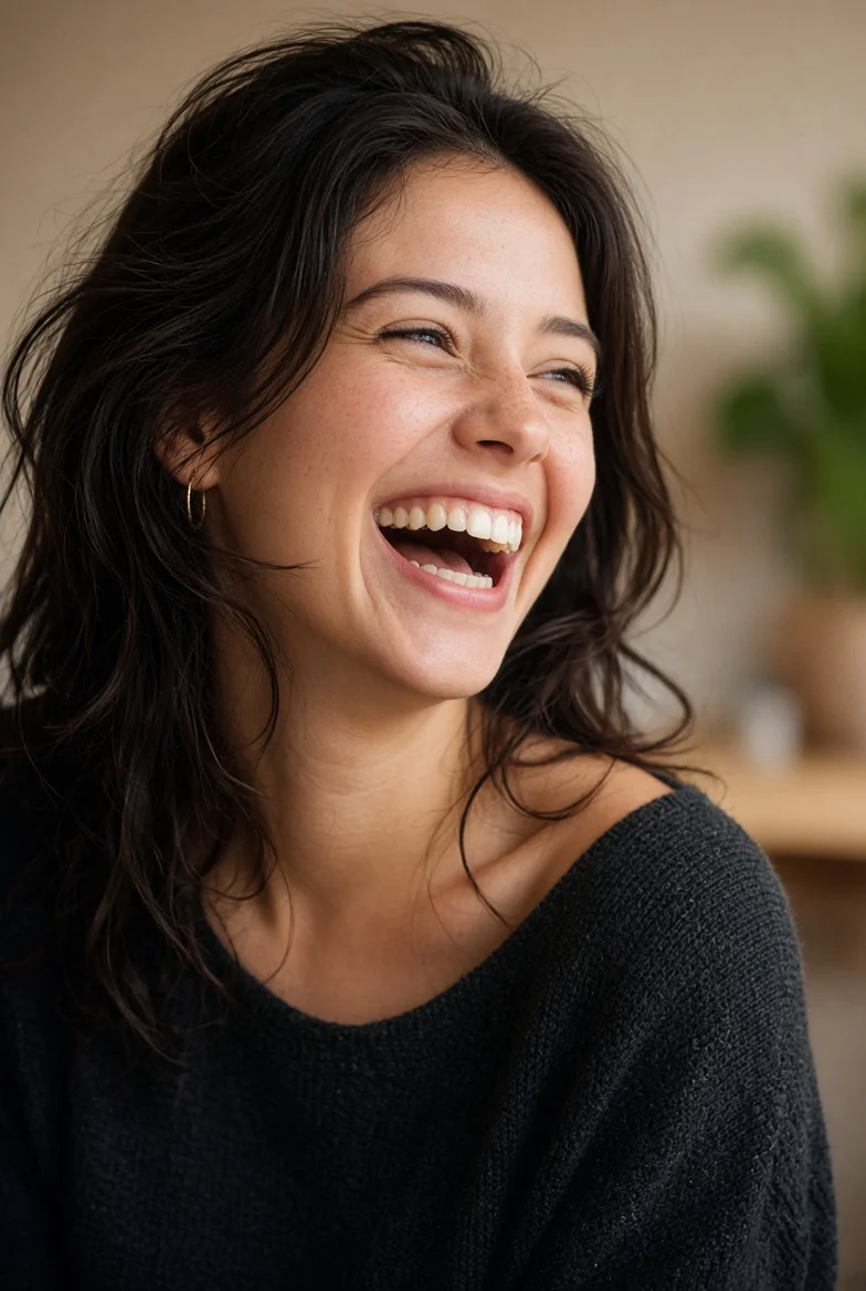 Young woman laughing with joy in warm candid portrait